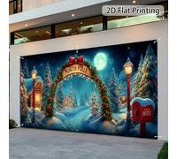 Bannière de porte 2D 1 pièce bannière de couverture de porte de garage magique de Noël arctique - polyester 2D, design festif avec une scène d'hiver enneigée MULTI