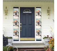 Bannière de porte à suspendre pingouin portant des fleurs pour le printemps et l'été - Bannière de porche « Happy Birthday » - Bannière de fond photo - Panneau de porte d'entrée pour cour intérieure