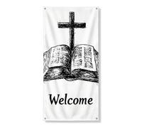 Bannière de porte de bienvenue chrétienne, design vintage bible ouverte et croix, décoration d'intérieur spirituelle pour les vacances, l'église et les événements de foi, 91,4 x 183 cm