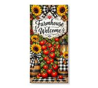 Bannière de porte de bienvenue rustique avec tomates et tournesols - Décoration de porte d'entrée d'intérieur ou d'extérieur - Décoration d'automne - 91,4 x 183 cm
