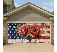 Bannière de porte de garage à motif floral patriotique, grande rose rouge Americana, écran de porte d'extérieur style street art, 397 x 180 cm