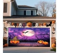 Bannière De Porte De Garage D'Halloween - Décoration De Fond Suspendue For La Maison, La Cour Et Les Murs Avec Scène De Lanterne Citrouille Dans Une Forêt Brumeuse(Purple Sky,13 * 6FT)
