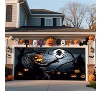 Bannière De Porte De Garage D'Halloween - Décoration De Fond Suspendue For La Maison, La Cour Et Les Murs Avec Scène De Lanterne Citrouille Dans Une Forêt Brumeuse(Horror Pumpkin,13 * 6FT)