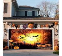 Bannière De Porte De Garage D'Halloween - Décoration De Fond Suspendue For La Maison, La Cour Et Les Murs Avec Scène De Lanterne Citrouille Dans Une Forêt Brumeuse(Twilight Castle,16 * 7FT)