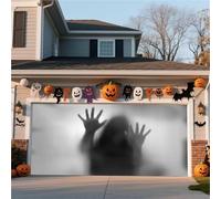 Bannière De Porte De Garage D'Halloween - Décoration De Fond Suspendue For La Maison, La Cour Et Les Murs Avec Scène De Lanterne Citrouille Dans Une Forêt Brumeuse(Ghost,8 * 7FT)