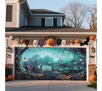 Bannière De Porte De Garage D'Halloween - Décoration De Fond Suspendue For La Maison, La Cour Et Les Murs Avec Scène De Lanterne Citrouille Dans Une Forêt Brumeuse(Cemetery,8 * 7FT)
