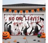Bannière de porte de garage d'Halloween, grand crâne de cimetière effrayant for mur extérieur, décoration intérieure et fête(No One Leaves,13 * 6FT)