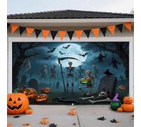 Bannière de porte de garage d'Halloween, grand crâne de cimetière effrayant for mur extérieur, décoration intérieure et fête(Skeleton Army,16 * 7FT)