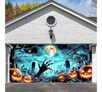 Bannière de porte de garage effrayante d'Halloween de 2,1 x 4,9 m - Thème citrouille, crâne et cimetière pour extérieur/fête