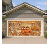 Bannière de porte de garage panda rouge automne 1,8 x 4 m, impression scénique de camion de camping automnal, décoration murale, décoration murale, photographie de vacances, arrière-plan photo à