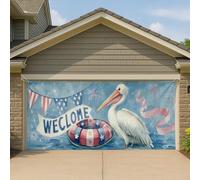 Bannière de porte de garage « Welcome Patriotic Pelican » - Bleu - Décoration extérieure d'été - 397 x 180 cm