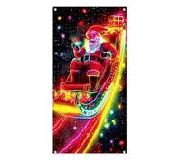 Bannière de porte de Noël 2D dessin animé Père Noël Cool Glow Grande toile | Housse de porte de maison 90 x 180 cm pour extérieur, allée, salon, chambre à coucher, salle de bain, bureau mural