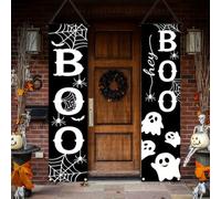 Bannière de porte d'Halloween, couplet de décoration de fête d'Halloween | Tringle à suspendre pré-assemblée, motif toile d'araignée fantôme noir et blanc, bannière décorative réutilisable pour