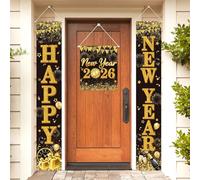 Bannière de porte « Happy New Year 2026 » - Horloge noire et dorée - Boîte cadeau - Décorations scintillantes - Accessoires de fête du Nouvel An - Décorations de Noël pour extérieur et intérieur