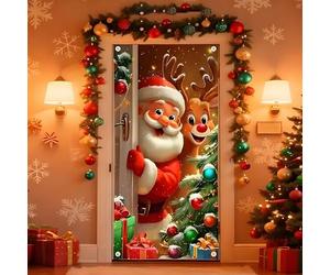 Bannière de porte « Joyeux Noël » avec le Père, grande bannière for porche (90 x 180 cm), décorations de Noël amusantes, for porte d'entrée, mur, intérieur ou extérieur.(#7)