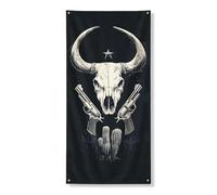 Bannière de porte motif crâne de taureau et pistolets, décoration rustique sur le thème occidental pour une utilisation toute l'année, parfaite pour les fêtes et les festivités, 91,4 x 183 cm