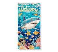 Bannière de porte « Welcome Shark » - Décoration colorée de scène sous-marine - Décoration d'intérieur et d'extérieur - 91,4 x 183 cm
