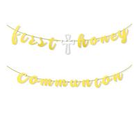 Bannière de première communion pour garçon et fille - Guirlande de croix religieuse chrétienne - Décoration catholique pour salle de classe - Décorations de première communion - Bannière dorée à