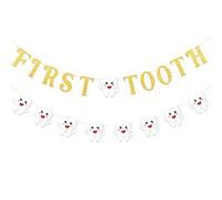 Bannière de premières dents pré-enfilée, guirlande de lettres dorées à paillettes, guirlande de dents de lait à suspendre pour première dent de bébé et décoration de fête prénatale pour garçons et