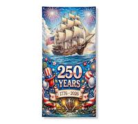 Bannière de protection de porte de célébration nautique, motif bateau vintage et feux d'artifice, décoration de fête de l'indépendance, décoration de fête de 250 ans, 91,4 x 183 cm