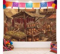 Bannière de toile de fond Cinco de Mayo 210,8 x 150,9 cm | Poterie traditionnelle en argile, toile de fond pour photo, piments suspendus, affichage de récolte de maïs