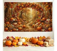 Bannière de toile de fond Motif citrouilles 180,3 x 109,2 cm | Arche en feuille d'érable, toile de fond pour photo, caisses en bois rustiques, feuillage d'automne, chemin boisé