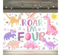 Bannière de toile de fond pour fête d'anniversaire dinosaure (rose quatre Rex)