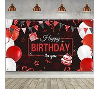 Bannière de Toile Fond d’Anniversaire Rouge et Noir, Bannière de Toile de Fond Happy Birthday Extra Large Décorations de Fête pour Fête d'anniversaire Femmes Filles, 72,8 x 43,3 Pouces