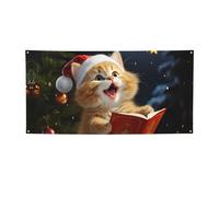 Bannière de vacances avec motif chat mignon chantant des chants de Noël - Petite bannière de fond personnalisée à suspendre - Bannière d'anniversaire pour intérieur et extérieur - Fournitures de