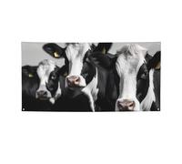 Bannière de vaches noires et blanches pour extérieur et intérieur - Décoration de fête - Fournitures de fond photo avec œillets - Bannière murale personnalisée