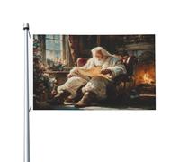 Bannière de vœux avec œillets - Père Noël assis dans un fauteuil, lisant les drapeaux de la cour, maison - 91 x 152 cm