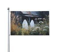 Bannière de vœux avec œillets pour décoration d'intérieur ou d'extérieur avec deux fantômes mignons dans le jardin, 9,1 x 1,5 m