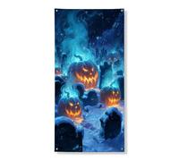 Bannière décorative de porte en forme de citrouille d'Halloween, motif effrayant de cimetière hanté, décoration d'intérieur et d'extérieur pour festival d'automne 91,4 x 183 cm