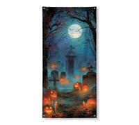 Bannière décorative de porte en forme de citrouille d'Halloween, scène de nuit effrayante pour cimetière, décoration de porte d'entrée, intérieur et extérieur, festival d'automne fournitures de