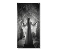 Bannière décorative de porte fantôme hanté, motif esprit vintage effrayant pour Halloween, festival, décoration intérieure et extérieure, 91,4 x 183 cm