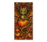 Bannière décorative de porte motif dragon d'automne, créature verte fantaisie, récolte festive, intérieur ou extérieur, fournitures d'automne d'Halloween, 91,4 x 183 cm