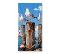 Bannière décorative de porte nautique - Vue réaliste sur l'océan avec phare et oiseaux - Plage d'été - Décoration extérieure - 91,4 x 183 cm