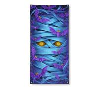 Bannière décorative d'Halloween avec chauve-souris bleue, motif momie fantaisie, décoration de porte d'entrée, fournitures de vacances festives d'intérieur et d'extérieur 91,4 x 183 cm