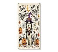 Bannière décorative d'Halloween pour porte de chien malamutes de l'Alaska, chauve-souris de vacances, décoration de fond de porte d'entrée, décoration d'intérieur et d'extérieur, fantômes, toile de