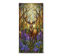 Bannière décorative en vitrail avec motif cerf - Scène de forêt inspirée de la nature - Décoration murale d'intérieur ou d'extérieur - Fournitures de festival d'automne - 91,4 x 183 cm