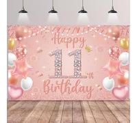 Bannière décorative « Happy 11th Birthday » - Toile de fond rose et or rose pour photographie, affiche en tissu pour filles de 11 ans