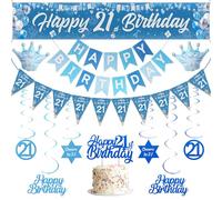 Bannière décorative « Happy 21st Birthday » - Décoration sur le thème bleu - Bannières « Happy Birthday » - Décoration de gâteau - Ballons couronnes à suspendre pour homme et femme de 21 ans