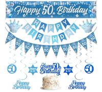Bannière décorative « Happy 50th Birthday » - Décoration sur le thème bleu - Bannières « Happy Birthday » pour décoration de gâteau - Ballons couronnes à suspendre pour homme et femme - Décoration de