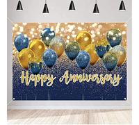 Bannière décorative « Happy Anniversary » - Toile de fond en tissu - 10e, 30e, 45e et 50e anniversaire de mariage, fond bleu et doré, 150 cm x 90 cm