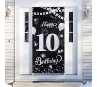 Bannière décorative pour 10e anniversaire - Noir et argenté - 185 x 90 cm - 10e anniversaire - Bannière Happy Birthday - Pour garçons et filles