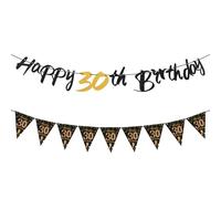 Bannière décorative pour 30e anniversaire pour hommes et femmes, guirlande Happy Birthday noire et dorée, bannière de fanions, décoration d'anniversaire, accessoires de décoration pour 30 ans