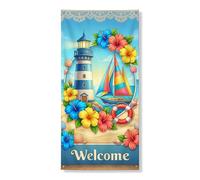 Bannière décorative pour porte de bienvenue - Phare nautique - Motif floral - Pour l'été, la plage, l'extérieur et l'intérieur - 91,4 x 182,9 cm