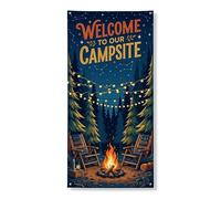Bannière décorative pour porte de camping, scène de forêt rustique avec feu et lumières confortables, décoration de camping d'été, fournitures de vacances de festival, 91,4 x 183 cm