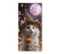 Bannière décorative pour porte de chat d'Halloween, joli chaton blanc avec chapeau de citrouille et bonbons, décoration festive pour intérieur et extérieur, 91,4 x 183 cm