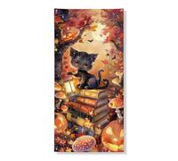 Bannière décorative pour porte de chat d'Halloween, joli chaton noir avec citrouilles et feuilles, décoration d'automne, fournitures de festival d'automne pour intérieur et extérieur, 91,4 x 183 cm